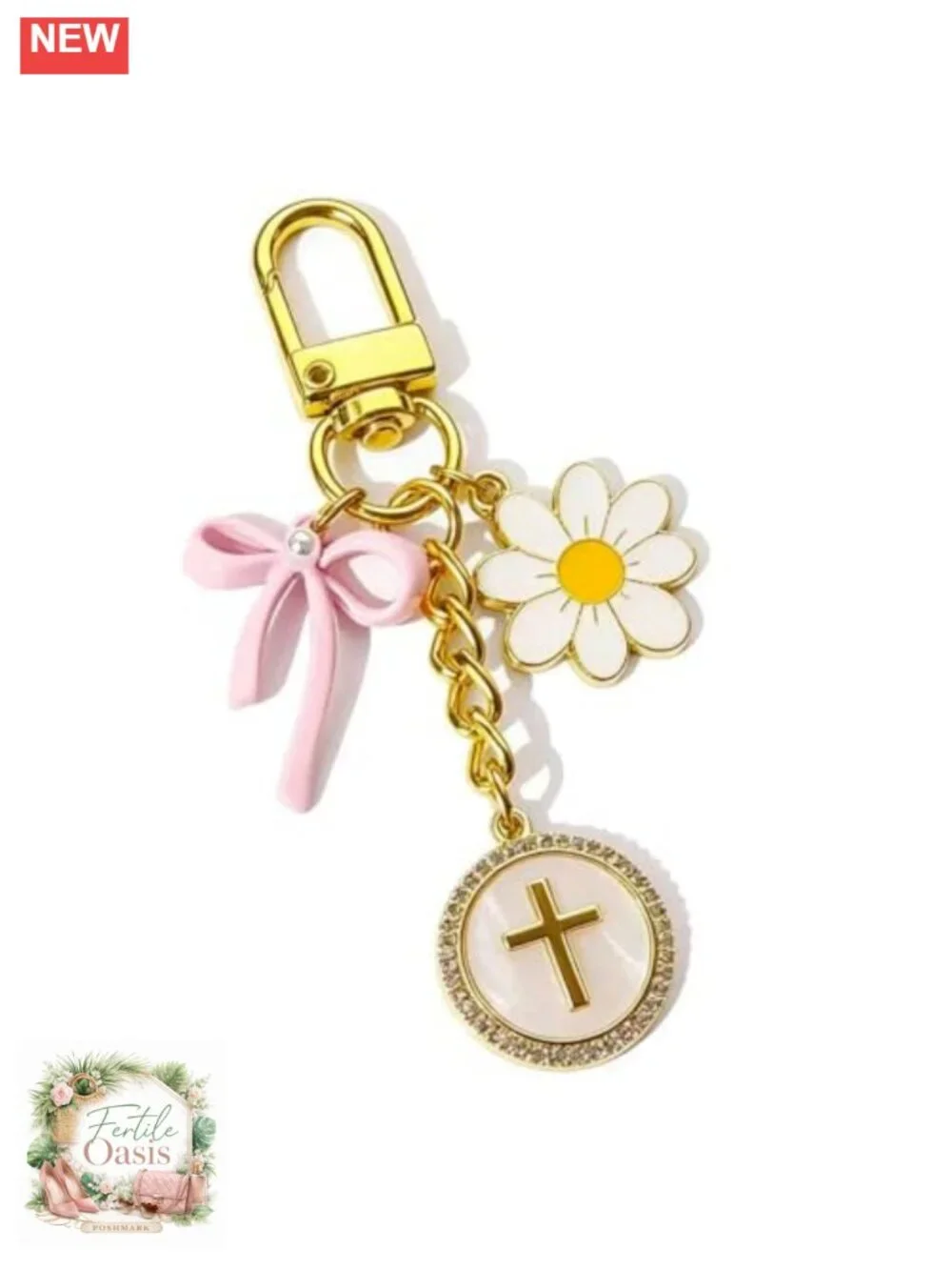 Cross Keychain Bag Charm with Pink Bow and Daisy Flower